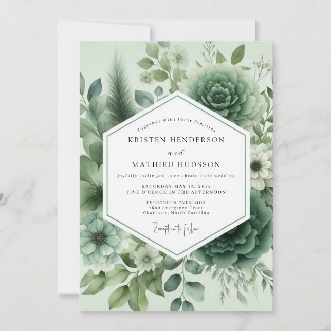 Invitation Mariage Fleur de Succulente Vert Sauge (Devant)