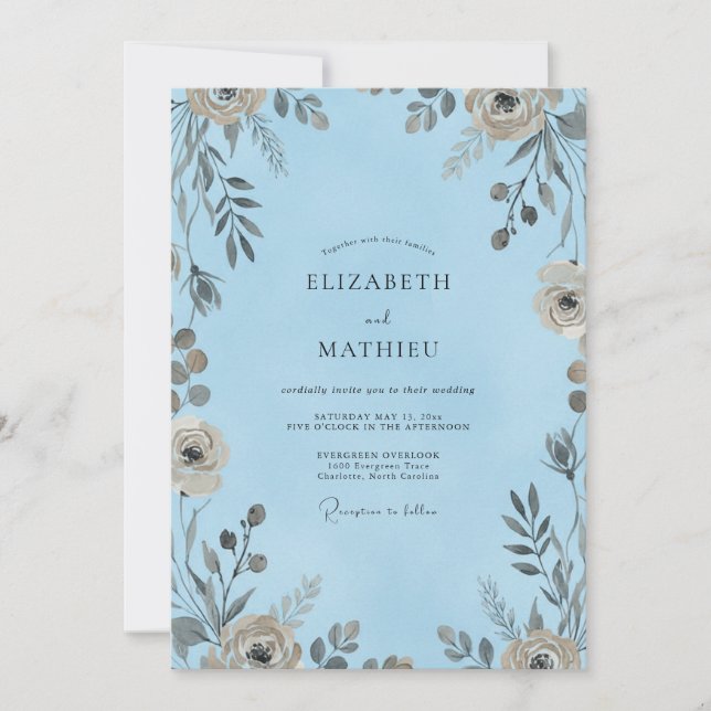 Invitation Mariage Fleur de Taupe Céruléen (Devant)