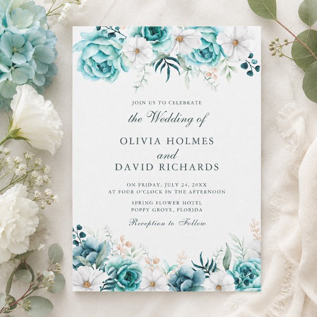 Invitation Mariage Fleur de Teal | Floral Boho Blanc Cassé (Teal Wildflower Wedding | Off White Boho Floral Invitation)