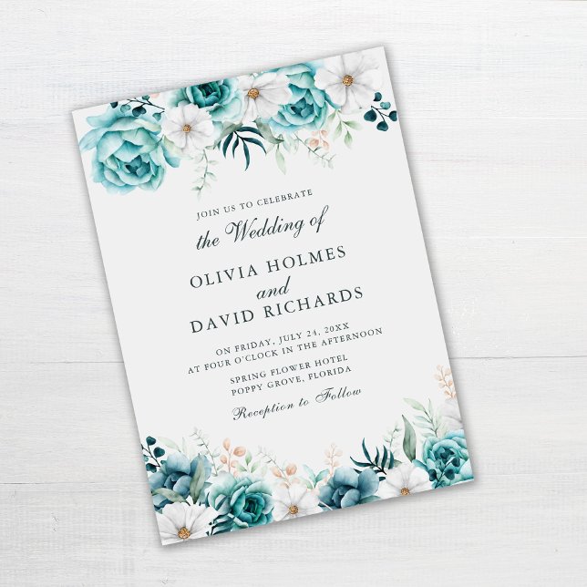 Invitation Mariage Fleur de Teal | Floral Boho Blanc Cassé (Off-White Teal Floral Wedding Invitation on gray table)