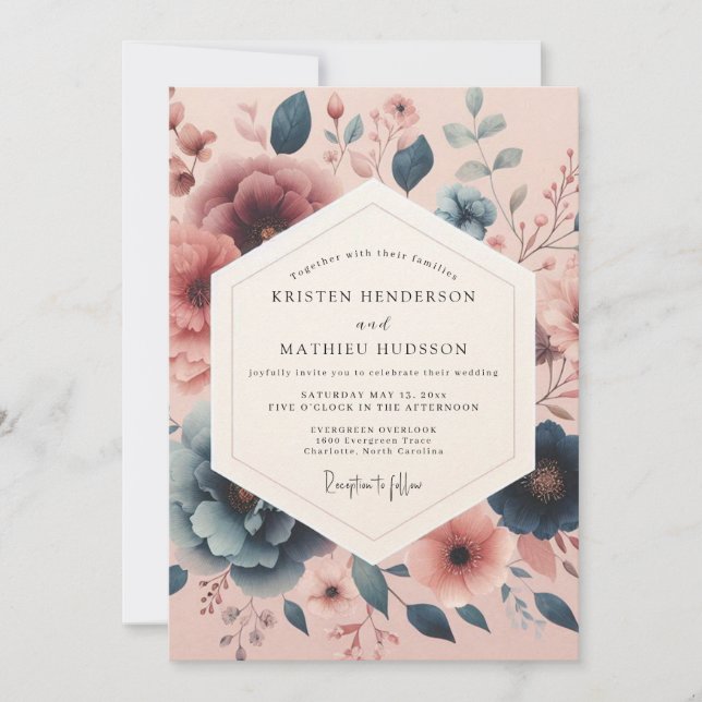 Invitation Mariage Fleur de Teint Écrue Bleu Ardoise (Devant)