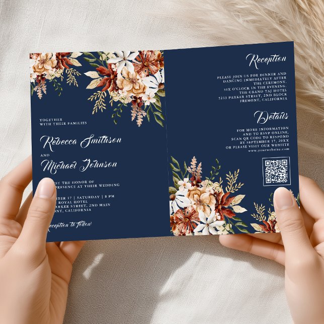 Invitation Mariage Fleur de Terracotta Bleu Nuit (Créateur téléchargé)