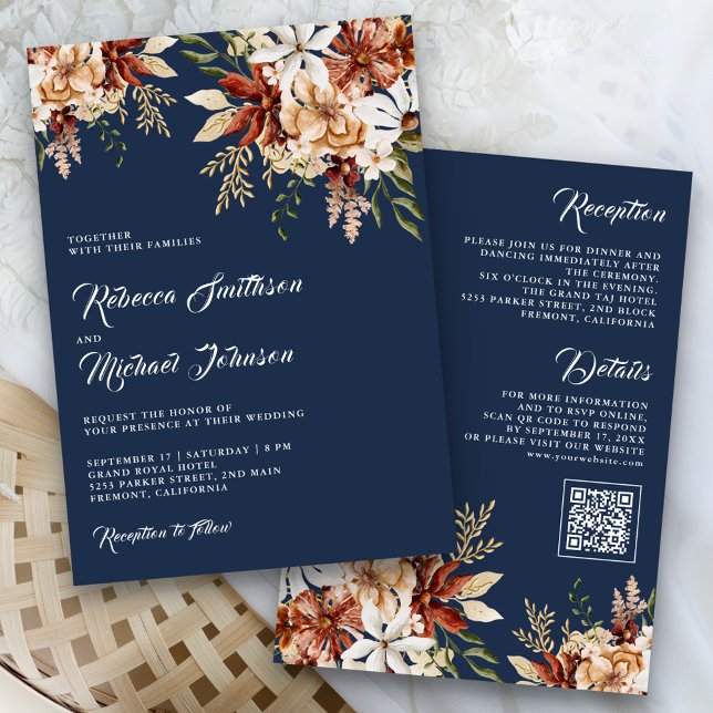 Invitation Mariage Fleur de Terracotta Bleu Nuit (Créateur téléchargé)