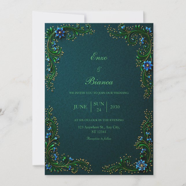 Invitation Mariage Fleur de Thé Gildé de Minuit (Devant)