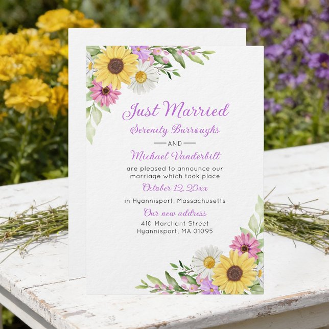 Invitation Mariage Fleur de Tournesol Daisy Juste Marié (Créateur téléchargé)