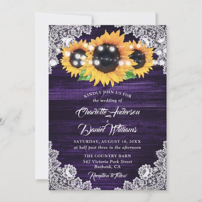 Invitation Mariage Fleur de Tournesol Dentelle Bois Violet Ru (Devant)