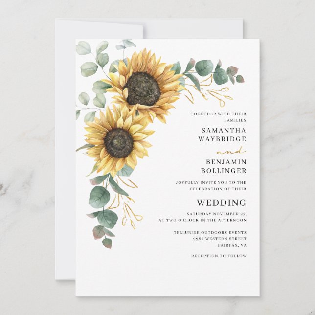 Invitation Mariage Fleur de Tournesol Eucalyptus Aquarelle (Devant)