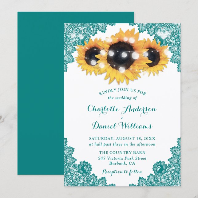 Invitation Mariage Fleur de Tournesol Sarcelle en Dentelle Fl (Devant / Derrière)