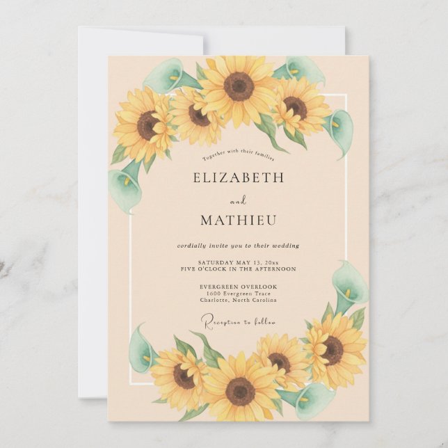Invitation Mariage Fleur de Tournesol Vibrant Jaune (Devant)