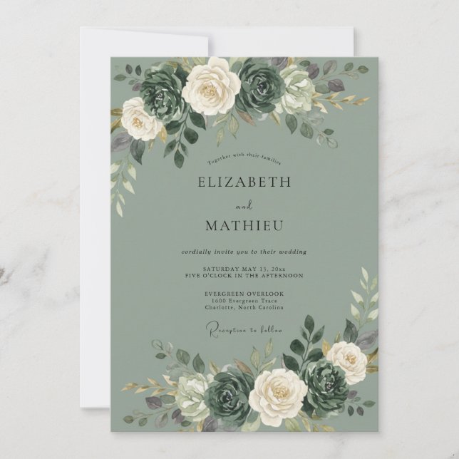 Invitation Mariage Fleur de Vert Sauge (Devant)