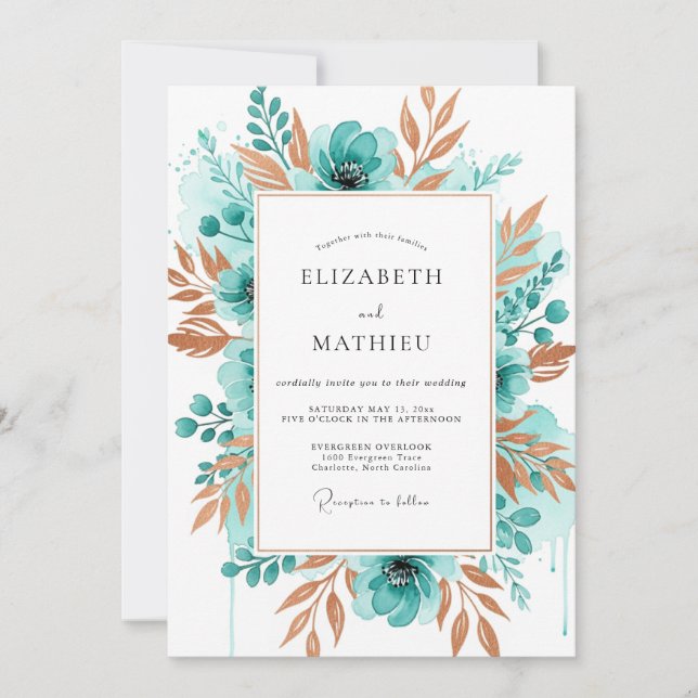 Invitation Mariage Fleur de Watercolor Sarcelle (Devant)