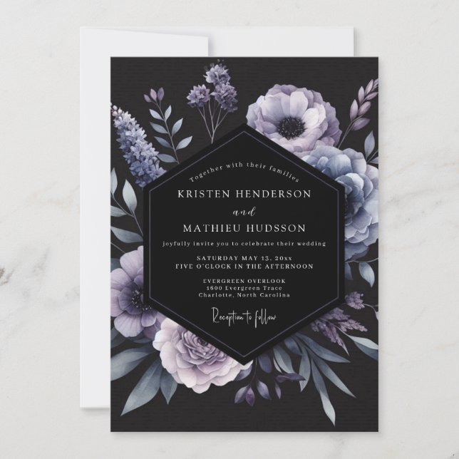 Invitation Mariage Fleur de Wisteria Noir (Devant)