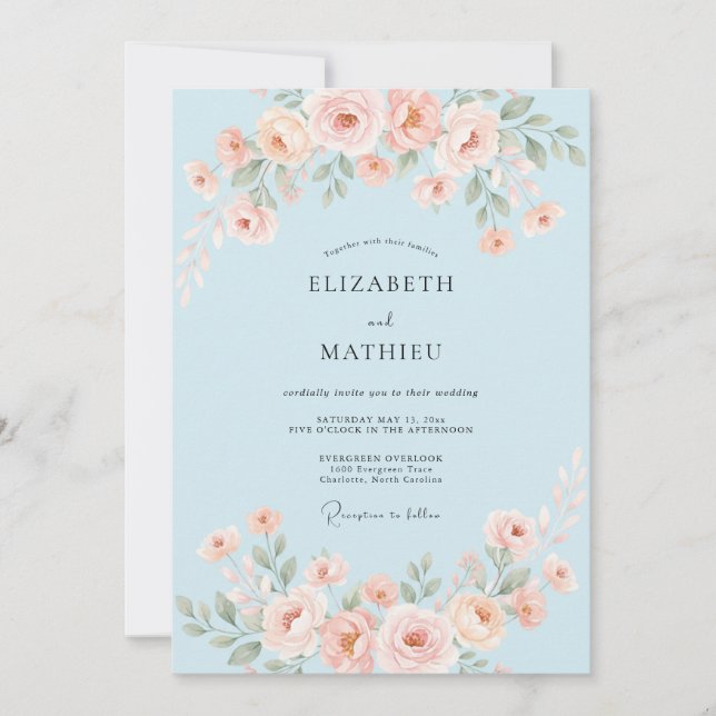 Invitation Mariage Fleur Délicate Bleu Ciel (Devant)