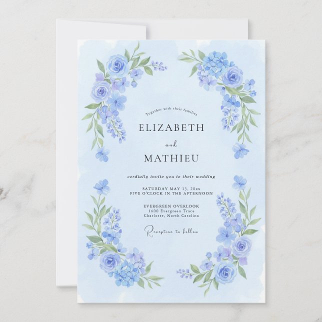 Invitation Mariage Fleur Délicate Bleu Poudre (Devant)