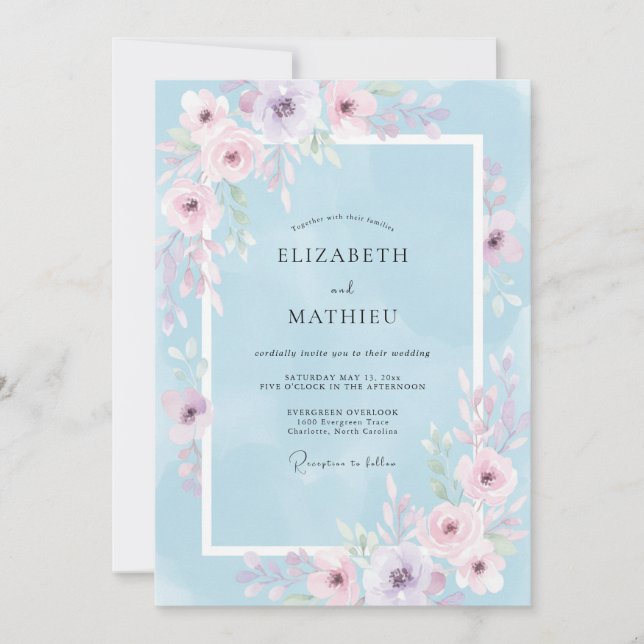 Invitation Mariage Fleur délicate Bleu Poudre (Devant)