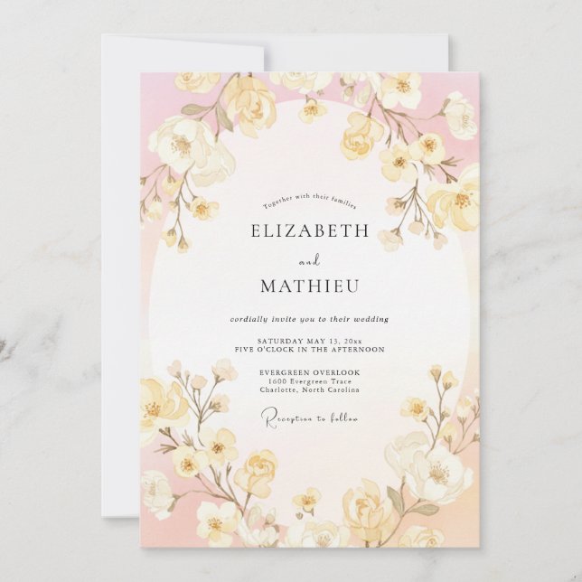 Invitation Mariage Fleur Délicate Rose Pâle (Devant)