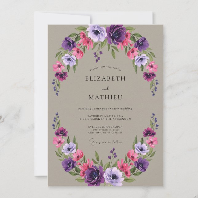 Invitation Mariage Fleur Délicate Rose Violet (Devant)