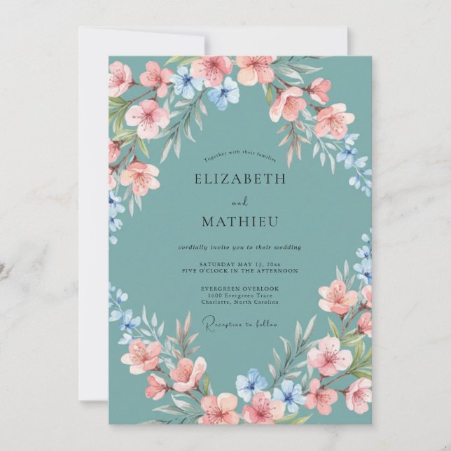 Invitation Mariage Fleur Délicate Sarcelle (Devant)