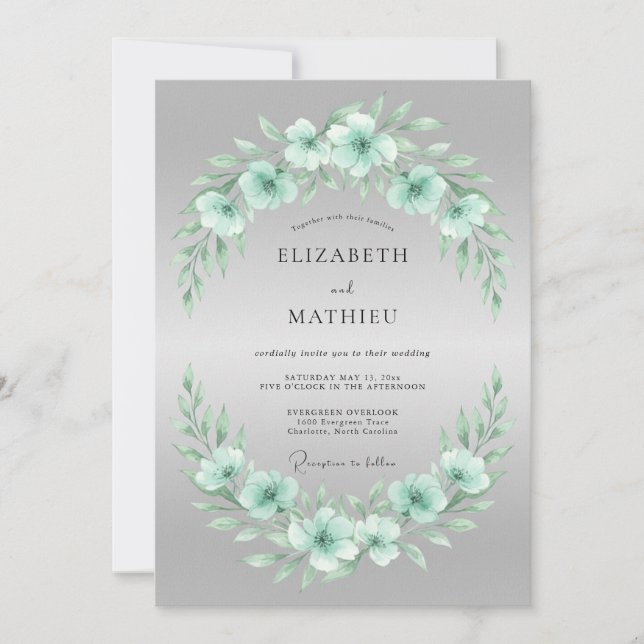 Invitation Mariage Fleur Délicate Vert Menthe (Devant)