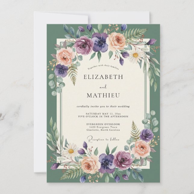 Invitation Mariage Fleur d'Émeraude Mauve (Devant)