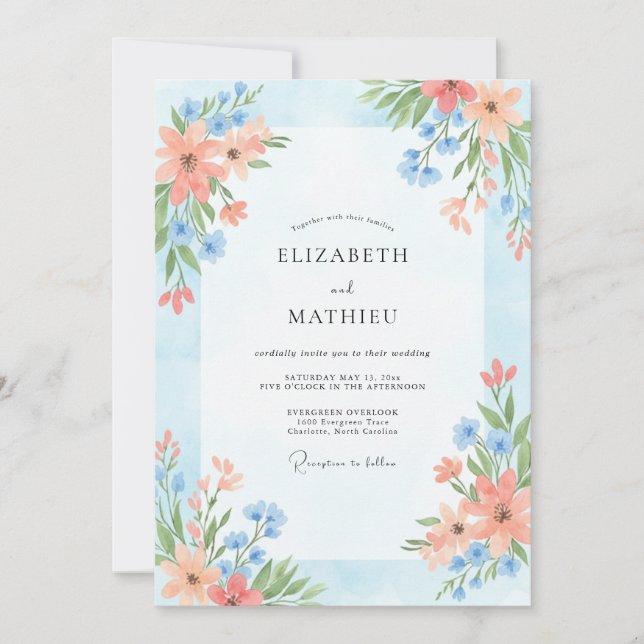 Invitation Mariage Fleur des Champs Ciel Pêche (Devant)