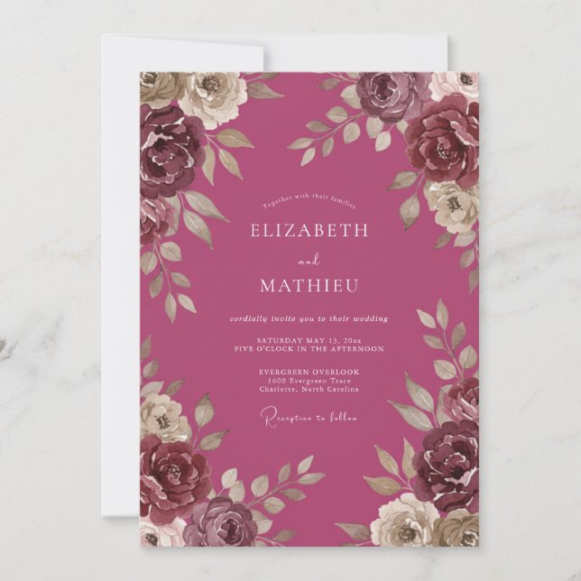 Invitation Mariage Fleur d'Eucalyptus Vintage Magenta (Devant)