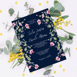 Invitation Mariage Fleur d'Hibiscus Rose Bleu Navy Poussiéreu