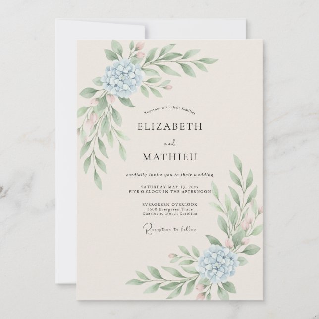 Invitation Mariage Fleur d'Hydrange Azure et Eucalyptus (Devant)