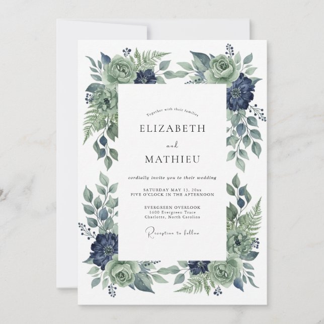 Invitation Mariage Fleur d'Indigo Acier (Devant)