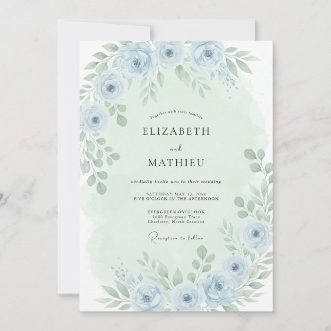 Invitation Mariage Fleur Discrète Bleu Poudre (Devant)