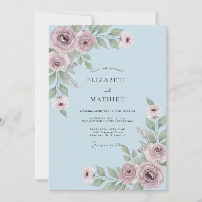 Invitation Mariage Fleur Discrète de Teinte Bleu Poussiéreux (Devant)