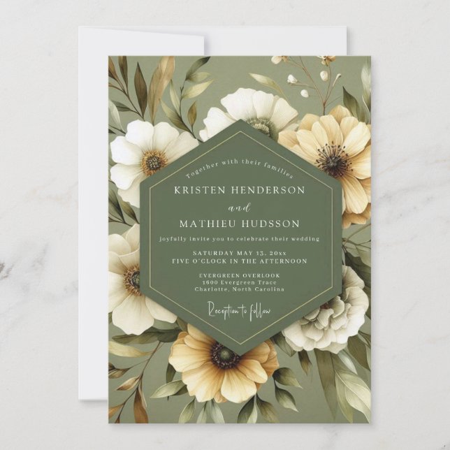Invitation Mariage Fleur d'Olivier Vert Sérénité (Devant)