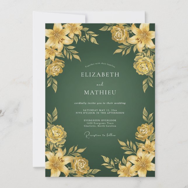 Invitation Mariage Fleur d'Or Émeraude (Devant)