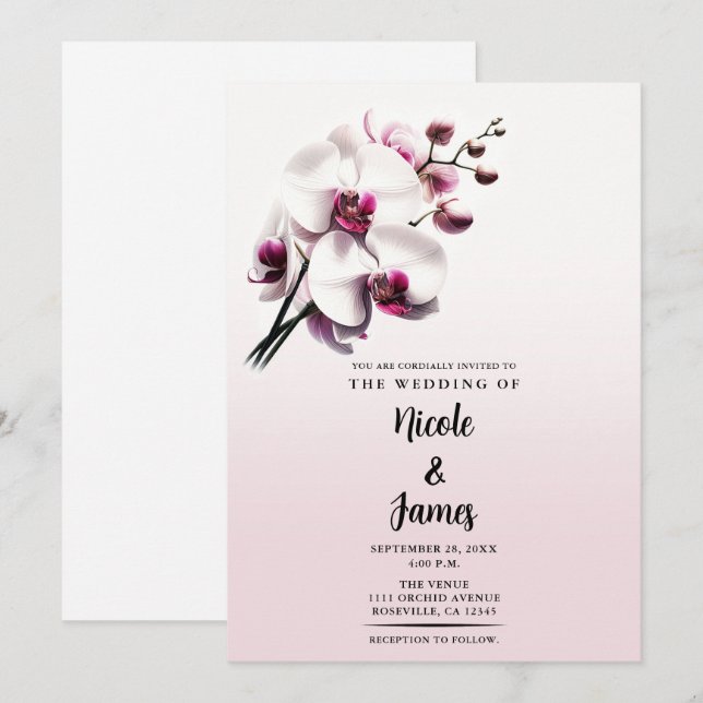 Invitation Mariage Fleur d'Orchidée Rose et Blanc (Devant / Derrière)