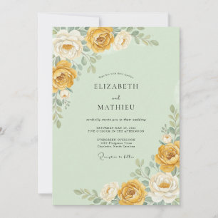 Invitation Mariage Fleur Dorée Vert Menthe