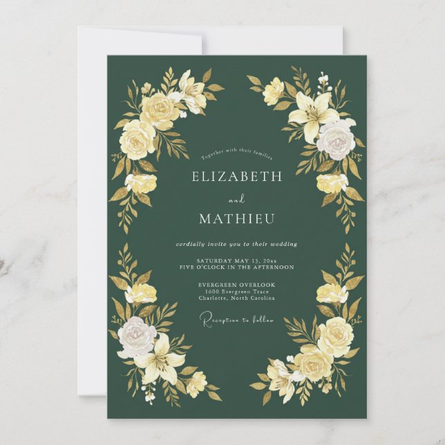 Invitation Mariage Fleur Dorée Verte Forêt (Devant)