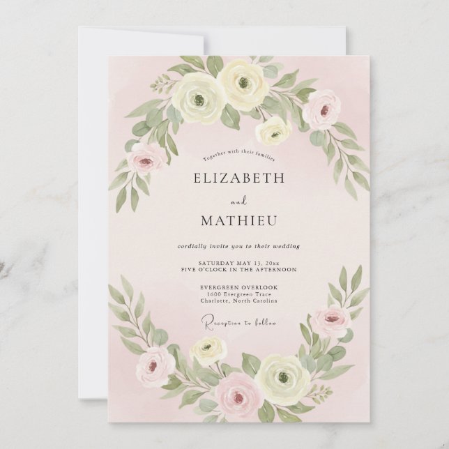 Invitation Mariage Fleur Douce Rose (Devant)