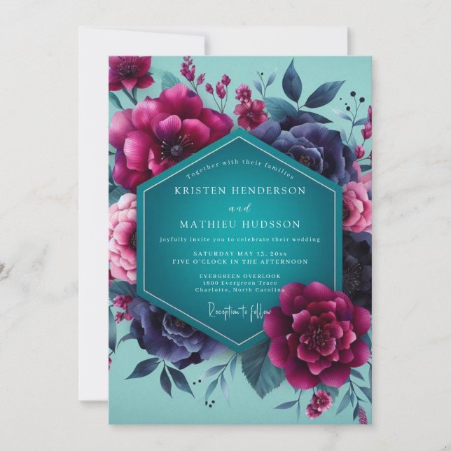 Invitation Mariage Fleur Dramatique Magenta Sarcelle (Devant)
