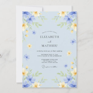 Invitation Mariage Fleur Éclose Fantaisiste Bleu Pâle