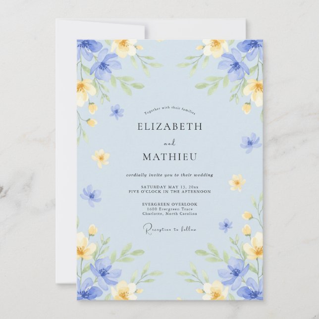 Invitation Mariage Fleur Éclose Fantaisiste Bleu Pâle (Devant)