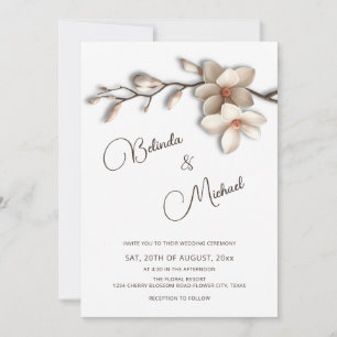Invitation Mariage Fleur Effet Relief Magnolia Blanc Cassé