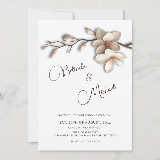Invitation Mariage Fleur Effet Relief Magnolia Blanc Cassé (Devant)