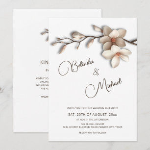 Invitation Mariage Fleur Effet Relief Magnolia Blanc Cassé