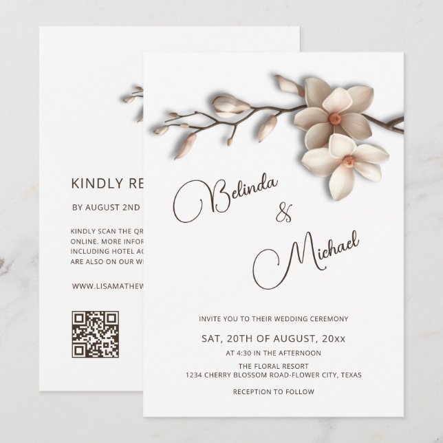 Invitation Mariage Fleur Effet Relief Magnolia Blanc Cassé (Devant / Derrière)
