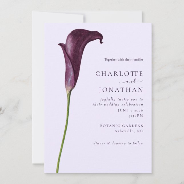 Invitation Mariage Fleur Élégante de Lys de Calla Violet (Devant)