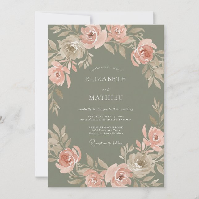 Invitation Mariage Fleur Élégante Vert Sauge (Devant)