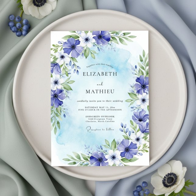 Invitation Mariage Fleur Épanouie Bleue Peinte (Créateur téléchargé)