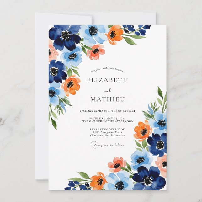 Invitation Mariage Fleur Épanouie Orange et Navy (Devant)