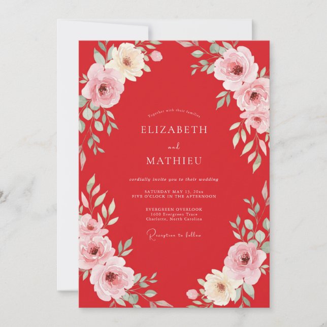 Invitation Mariage Fleur Épanouie Rouge Écarlate (Devant)