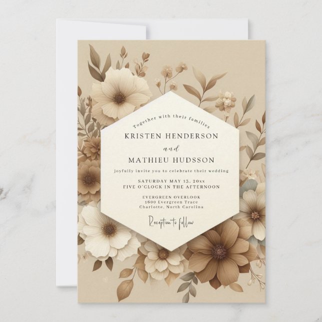 Invitation Mariage Fleur Épanouie Sépia (Devant)